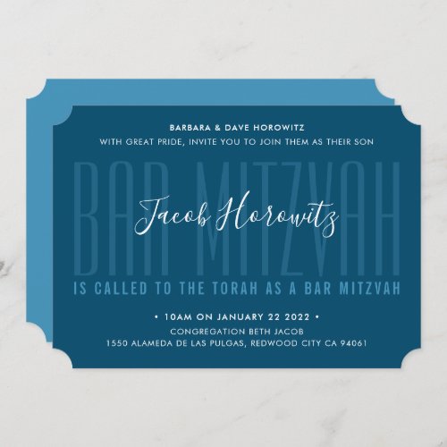 BAR MITZVAH modern overlay type boy navy blue Invitation