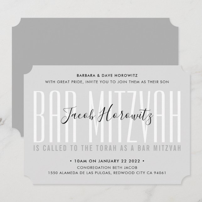 BAR MITZVAH modern overlay typography boy gray Invitation (Front/Back)