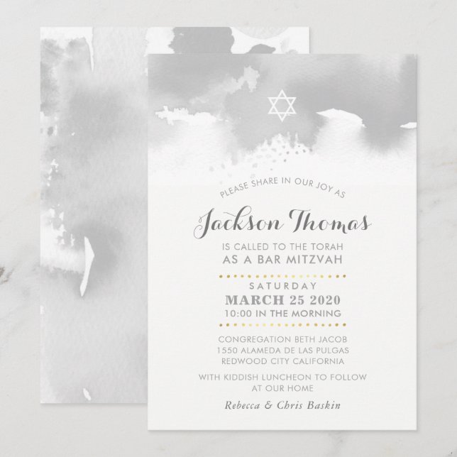 BAR MITZVAH modern pale grey gray watercolor Invitation (Front/Back)