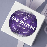 Bar Mitzvah Modern Purple Watercolor Silver Foil  Classic Round Sticker<br><div class="desc">Be proud, rejoice and showcase this milestone of your favorite Bar Mitzvah! Use this cool, unique, modern, personalized sticker to add to his special day. Metallic silver foil brush strokes and Star of David, along with bold, white typography, overlay a rich, dark purple ombre watercolor background. Personalize the custom text...</div>