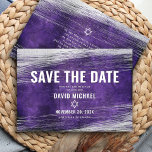 Bar Mitzvah Modern Purple Watercolor Silver Foil Save The Date<br><div class="desc">Make sure all your friends and relatives will be able to celebrate your son’s milestone Bar Mitzvah! Send out this cool, unique, modern, personalized “Save the Date” announcement card. Metallic silver foil brush strokes and Star of David, along with bold, white typography, overlay a rich, dark purple ombre watercolor background....</div>