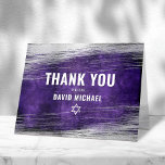 Bar Mitzvah Modern Purple Watercolor Silver Foil  Thank You Card<br><div class="desc">Make sure your favorite Bar Mitzvah shows his appreciation to all who supported his milestone event! Send out this cool, unique, modern, personalized thank you card. Metallic silver foil brush strokes and Star of David, along with bold, white typography, overlay a rich, dark purple ombre watercolor background. Your custom message,...</div>