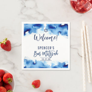BAR MITZVAH modern script dark blue watercolor Napkins