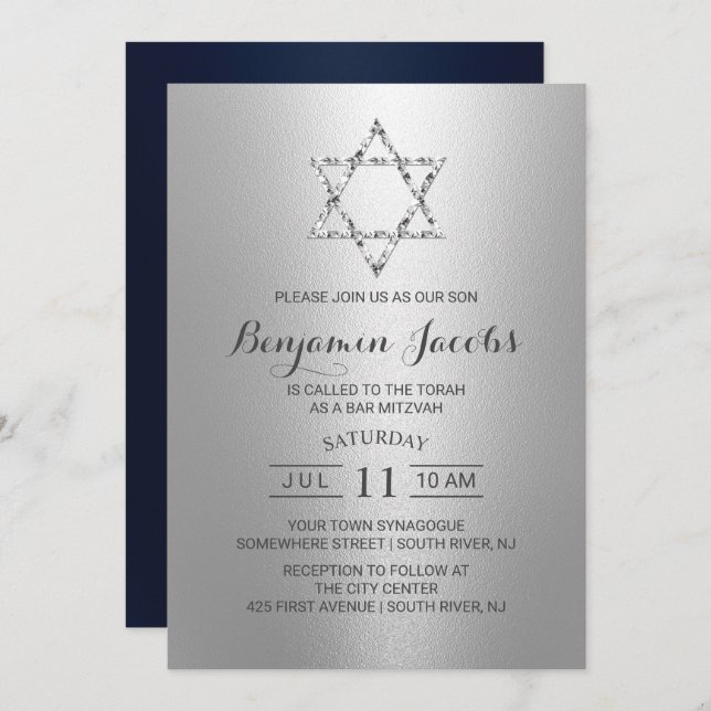 Bar Mitzvah Modern Silver & Blue Star of David Invitation (Front/Back)