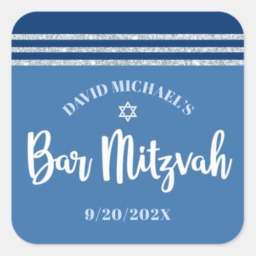 Bar Mitzvah Modern Silver Blue Tallit Bold Script Square Sticker