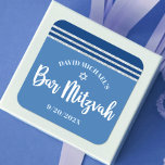Bar Mitzvah Modern Silver Blue Tallit Bold Script Square Sticker<br><div class="desc">Be proud, rejoice and showcase this milestone of your favorite Bar Mitzvah! Use this cool, unique, modern, personalized sticker to add to his special day. Bold, white script typography, Star of David and a navy blue and silver glitter striped tallit inspired graphic overlay a simple, cornflower blue background. Personalize the...</div>