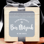 Bar Mitzvah Modern Silver Gray Tallit Bold Script  Square Sticker<br><div class="desc">Be proud, rejoice and showcase this milestone of your favorite Bar Mitzvah! Use this cool, unique, modern, personalized sticker to add to his special day. Bold, white script typography, Star of David, and a soft gray and silver glitter striped tallit inspired graphic overlay a simple, lighter soft gray background. Personalize...</div>