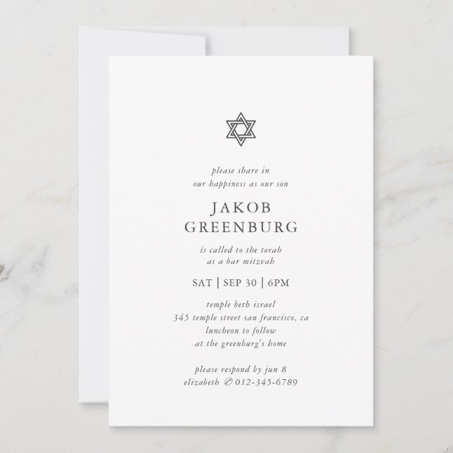 Bar Mitzvah Modern Simple Elegant Minimalist Invitation (Front)