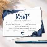 Bar Mitzvah Modern Simple Navy Blue Agate Script RSVP Card<br><div class="desc">Be proud, rejoice and celebrate this milestone of your favorite Bar Mitzvah with this cool, unique, modern, personalized RSVP insert card for your event! Navy blue script typography and Star of David overlay a simple, white background with steel blue agate rocks accented with faux silver veins. Personalize the custom text...</div>