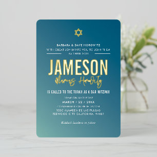 BAR MITZVAH modern star blue mint gradient  Foil Invitation