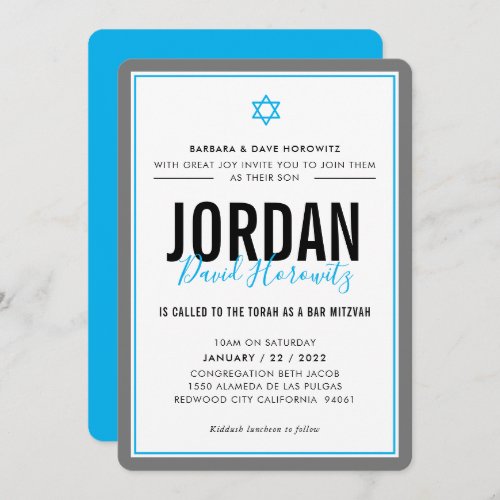 BAR MITZVAH modern star boy aqua blue gray simple Invitation