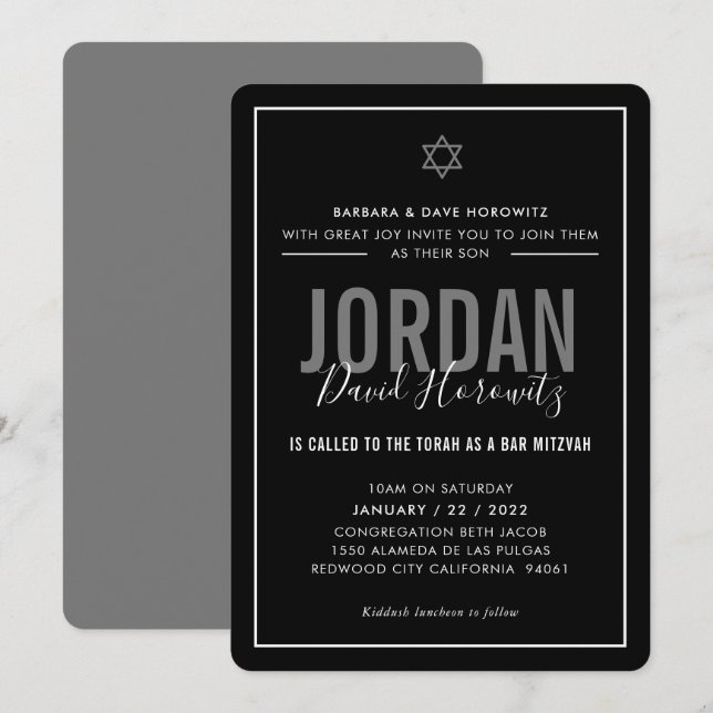 BAR MITZVAH modern star boy black white simple Invitation (Front/Back)