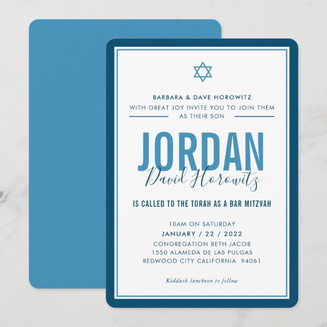 BAR MITZVAH modern star boy denim blue simple Invitation (Front/Back)