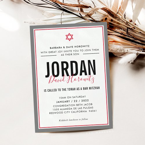BAR MITZVAH modern star boy red gray simple