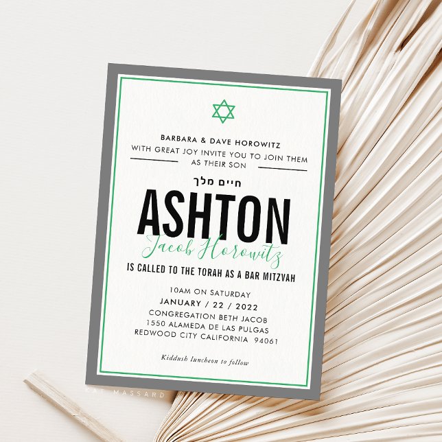 BAR MITZVAH modern star boy sporty green gray Invitation (Creator Uploaded)