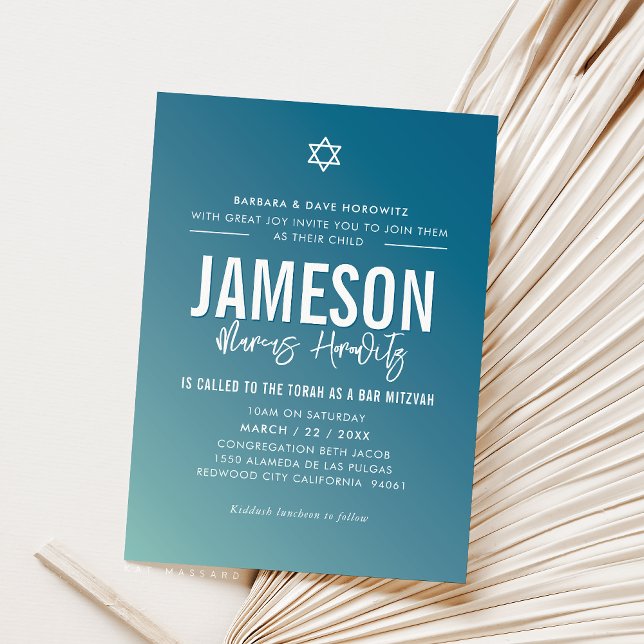 BAR MITZVAH modern star dark blue mint gradient  Invitation (Creator Uploaded)