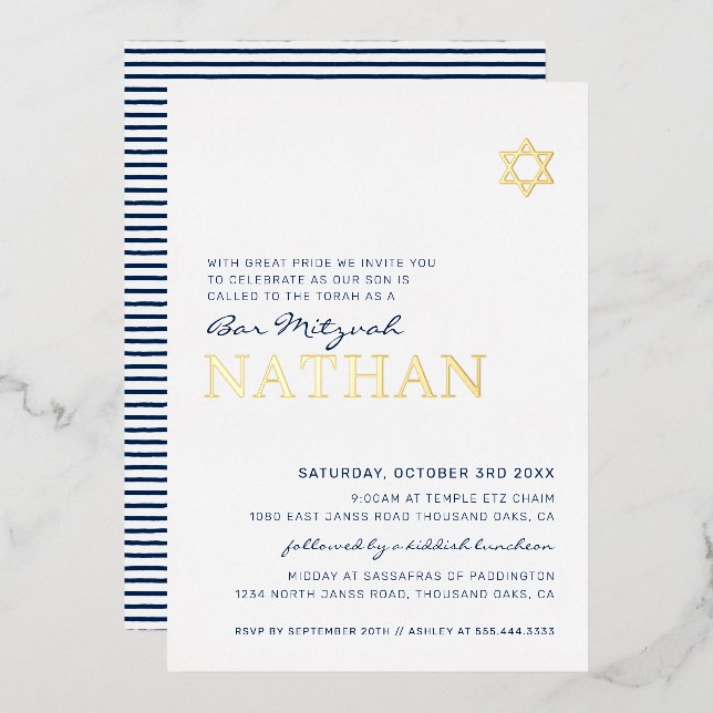 BAR MITZVAH modern star navy blue gold Foil Foil Invitation (Front/Back)