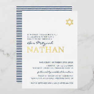 BAR MITZVAH modern star navy blue gold Foil Invitation
