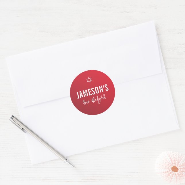 BAR MITZVAH modern star red burgundy gradient Classic Round Sticker (Envelope)