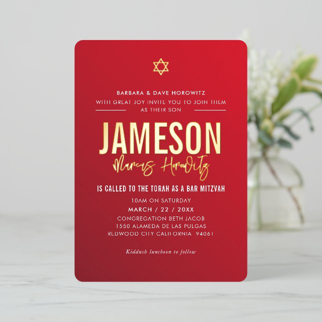 BAR MITZVAH modern star red burgundy gradient gold Foil Invitation (Standing Front)