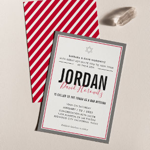 BAR MITZVAH modern star simple sporty boy red gray Invitation