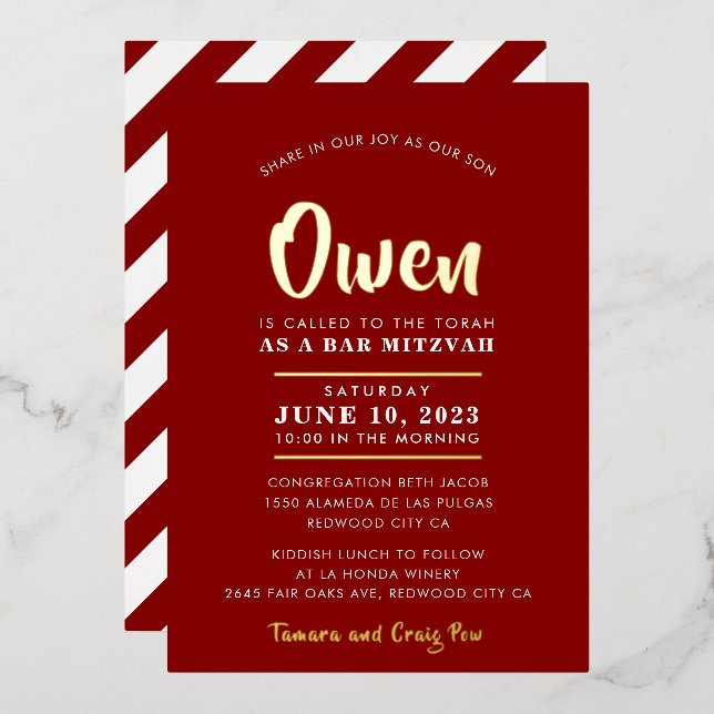 BAR MITZVAH modern stylish calligraphy burgundy Foil Invitation (Front/Back)