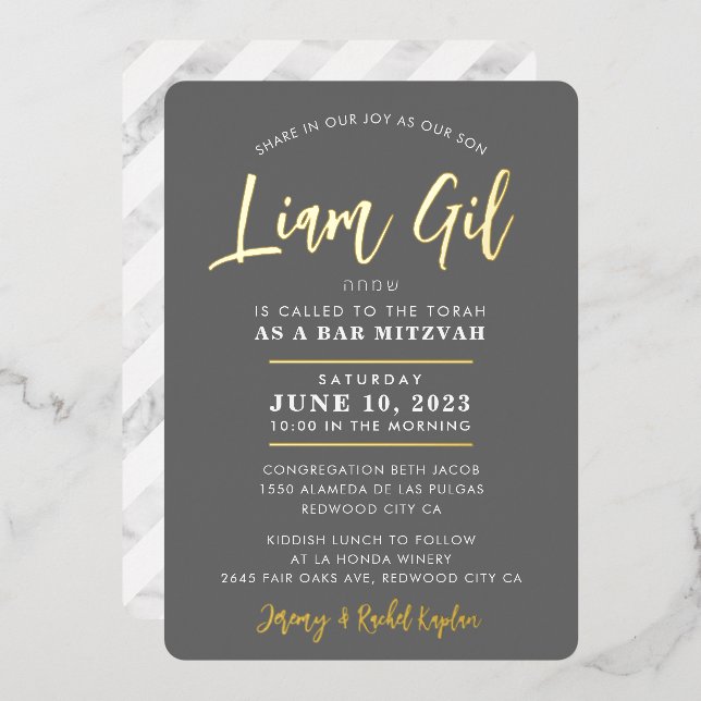 BAR MITZVAH modern stylish calligraphy grey gold Foil Invitation (Front/Back)