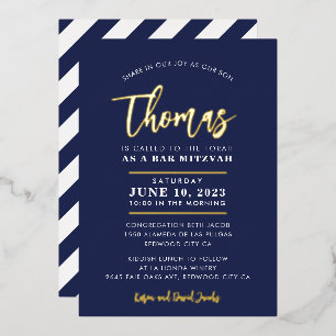 BAR MITZVAH modern stylish calligraphy navy gold F Foil Invitation