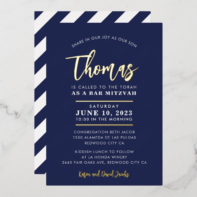 BAR MITZVAH modern stylish calligraphy navy gold F Foil Invitation (Front/Back)