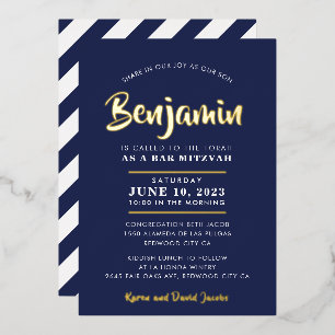 BAR MITZVAH modern stylish calligraphy navy gold Foil Invitation