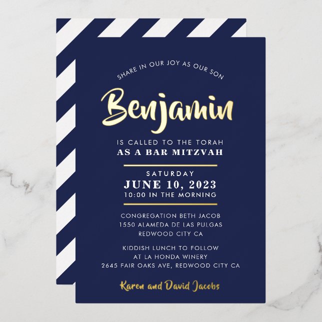 BAR MITZVAH modern stylish calligraphy navy gold Foil Invitation (Front/Back)