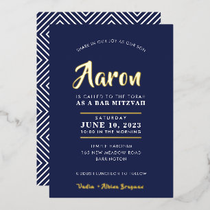 BAR MITZVAH modern stylish calligraphy navy gold Foil Invitation