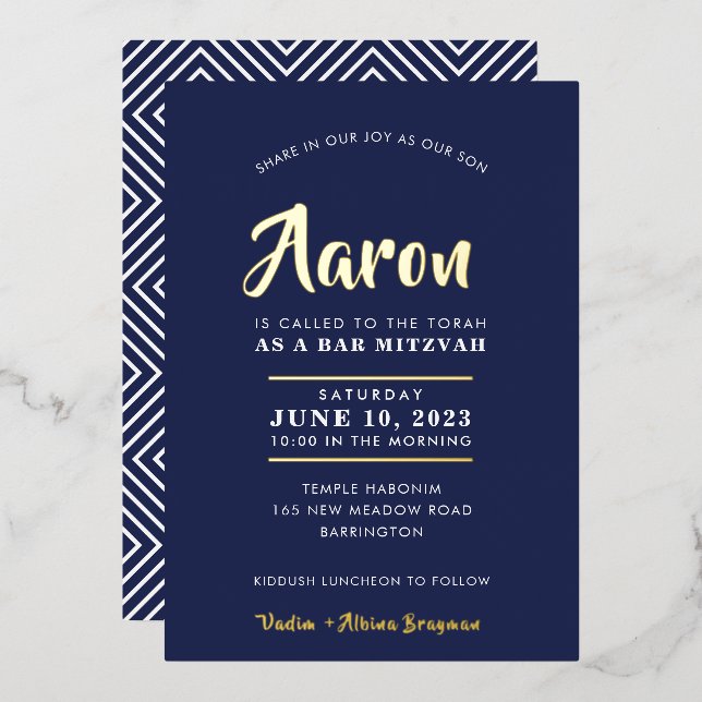 BAR MITZVAH modern stylish calligraphy navy gold Foil Invitation (Front/Back)