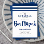Bar Mitzvah Modern Tallit Navy Script Real Silver Foil Invitation<br><div class="desc">Be proud, rejoice and showcase this milestone of your favorite Bar Mitzvah! Send out this cool, unique, modern, personalized invitation for an event to remember. Bold, navy blue script typography, real foil Star of David and a navy blue and real foil silver striped tallit inspired graphic overlay a simple, white...</div>