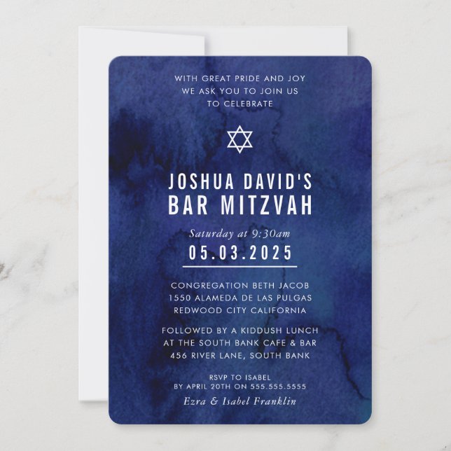 BAR MITZVAH modern trendy dark blue watercolor  Invitation (Front)