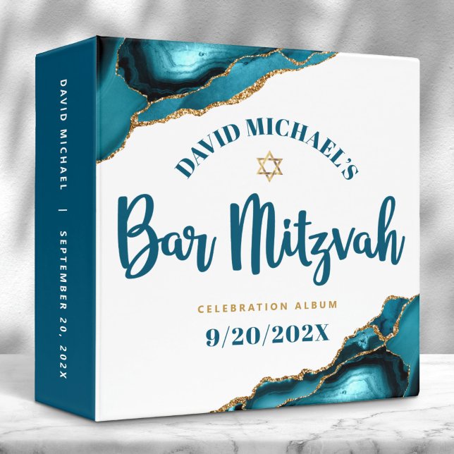 Bar Mitzvah Modern Turquoise Agate Script Keepsake 3 Ring Binder (Creator Uploaded)