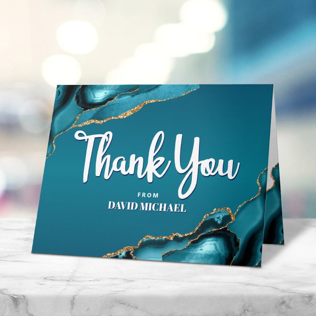 Bar Mitzvah Modern Turquoise Agate Script Simple Letterpress Thank You Card (Creator Uploaded)