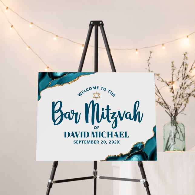 Bar Mitzvah Modern Turquoise Agate Script Welcome Foam Board (In Situ (Stand))