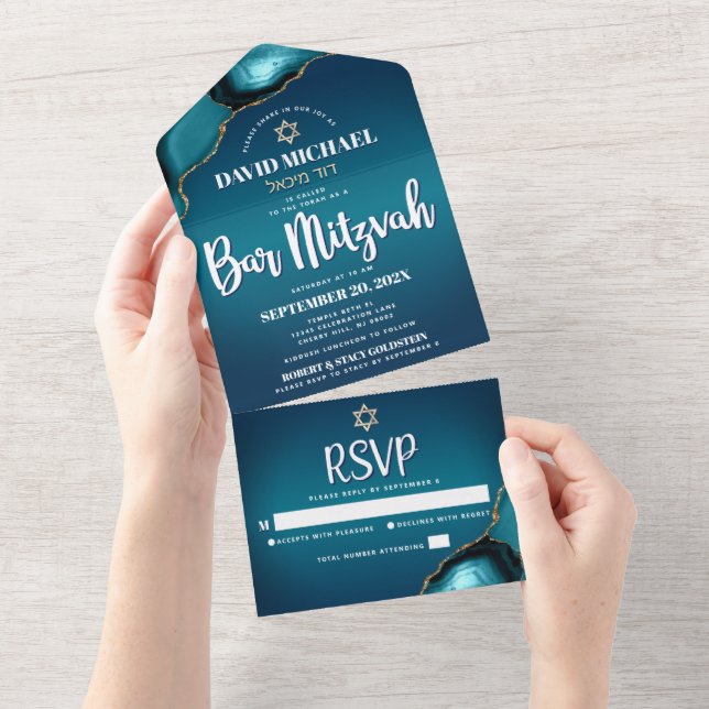 Bar Mitzvah Modern Turquoise Ombre Agate Script All In One Invitation (Tearaway)