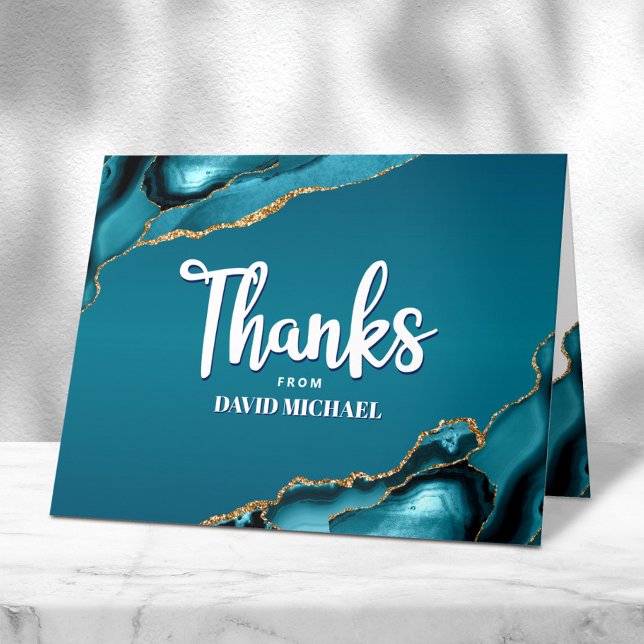 Bar Mitzvah Modern Turquoise Ombre Agate Script Letterpress Thank You Card (Creator Uploaded)