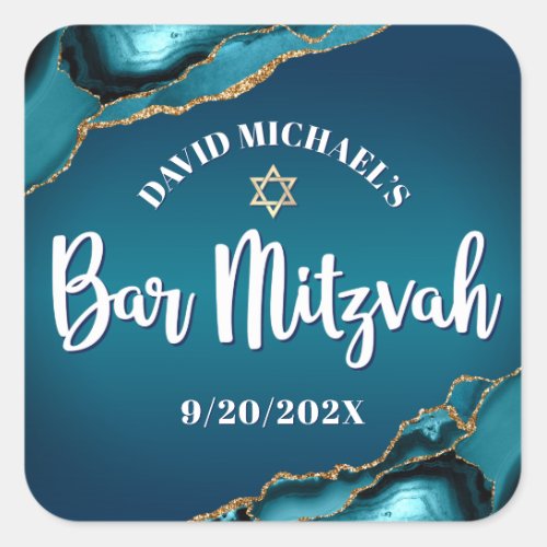 Bar Mitzvah Modern Turquoise Ombre Agate Script Square Sticker