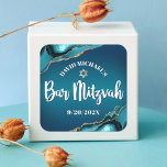 Bar Mitzvah Modern Turquoise Ombre Agate Script Square Sticker<br><div class="desc">Be proud, rejoice and showcase this milestone of your favorite Bar Mitzvah! Use this cool, unique, modern, personalized sticker to add to his special day. White calligraphy script, bold white sans serif typography, and a faux gold Star of David overlay a deep turquoise teal blue ombre background with turquoise blue...</div>