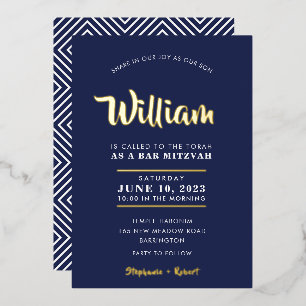 BAR MITZVAH modern typography calligraphy navy Foil Invitation
