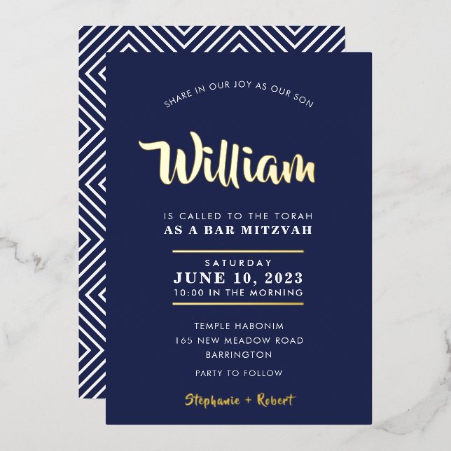 BAR MITZVAH modern typography calligraphy navy Foil Invitation (Front/Back)