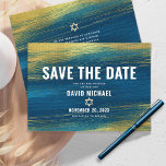 Bar Mitzvah Modern Typography Turquoise Gold Foil Save The Date<br><div class="desc">Make sure all your friends and relatives will be able to celebrate your son’s milestone Bar Mitzvah! Send out this cool, unique, modern, personalized “Save the Date” announcement card. Metallic gold foil brush strokes and Star of David, along with bold, white typography, overlay a rich, turquoise blue ombre paint background....</div>