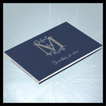 Bar Mitzvah Monogram Blue Gray White Sign-in Guest Book by SocolikCardShop at Zazzle