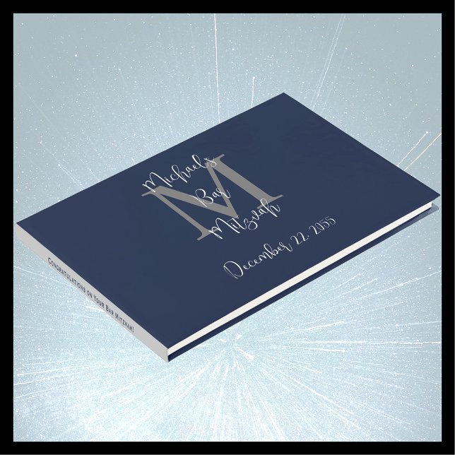 Bar Mitzvah Monogram Blue Gray White Sign-In Guest Book (Creator Uploaded)