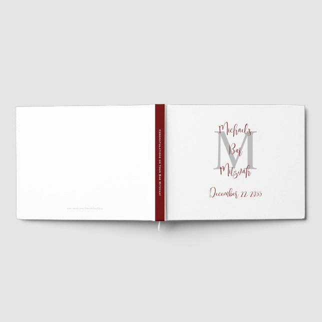 Bar Mitzvah Monogram White Burgundy Gray Sign-In Guest Book (Full)