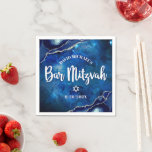 Bar Mitzvah Navy Agate Blue Galaxy White Script Napkins<br><div class="desc">Be proud, rejoice and showcase this milestone of your favorite Bar Mitzvah! Celebrate with this cool, unique, modern, custom paper napkin. White script typography and Star of David overlay a deep blue galaxy watercolor background with navy blue agate accented with faux silver veins. Personalize the custom text with your Bar...</div>