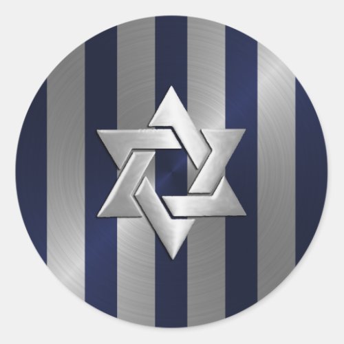 Bar Mitzvah Navy and Silver Stripe Star of David Classic Round Sticker